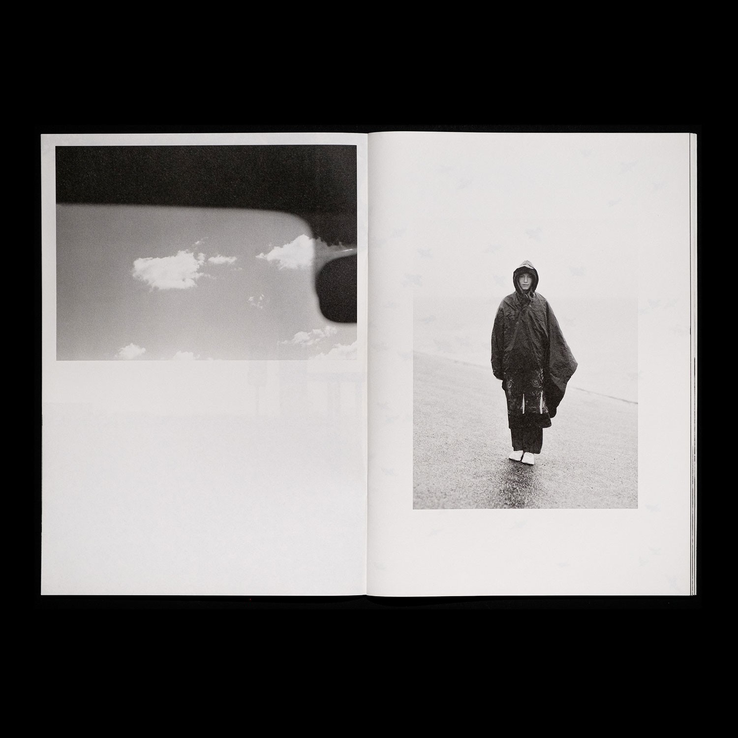 spread with a photo of clouds and a photo of a woman standing in the rain